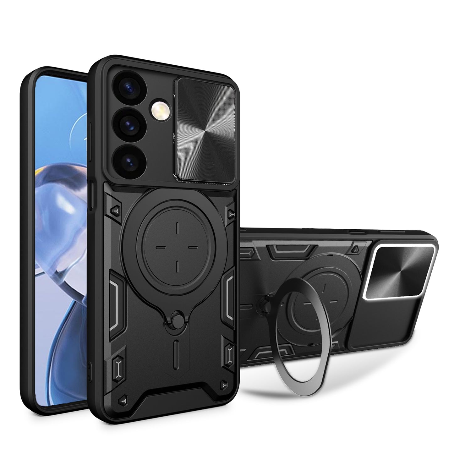 Samsung Galaxy S24 5G Magnetic Holder CD Texture Sliding Camshield Phone Case, TPU PC Shockproof Cover