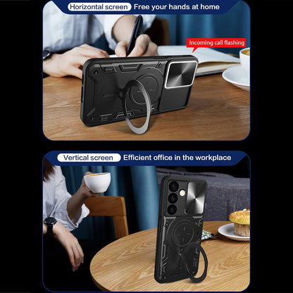Samsung Galaxy S24 5G Magnetic Holder CD Texture Sliding Camshield Phone Case, TPU PC Shockproof Cover