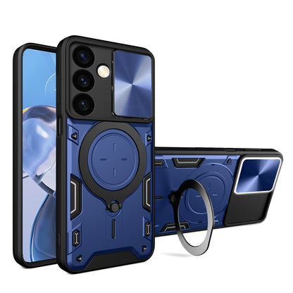 Samsung Galaxy S24 5G Magnetic Holder CD Texture Sliding Camshield Phone Case, TPU PC Shockproof Cover