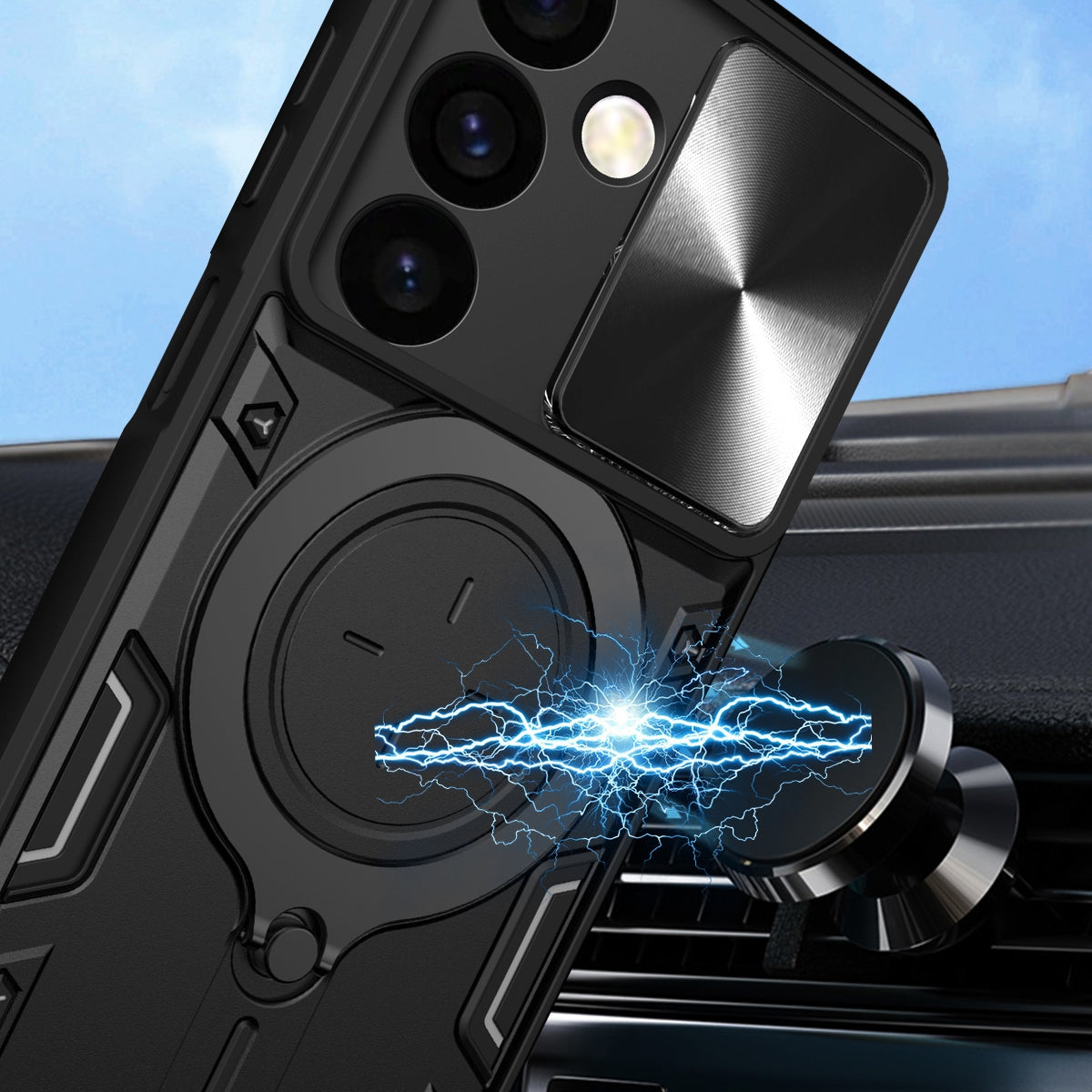 Samsung Galaxy S24 5G Magnetic Holder CD Texture Sliding Camshield Phone Case, TPU PC Shockproof Cover