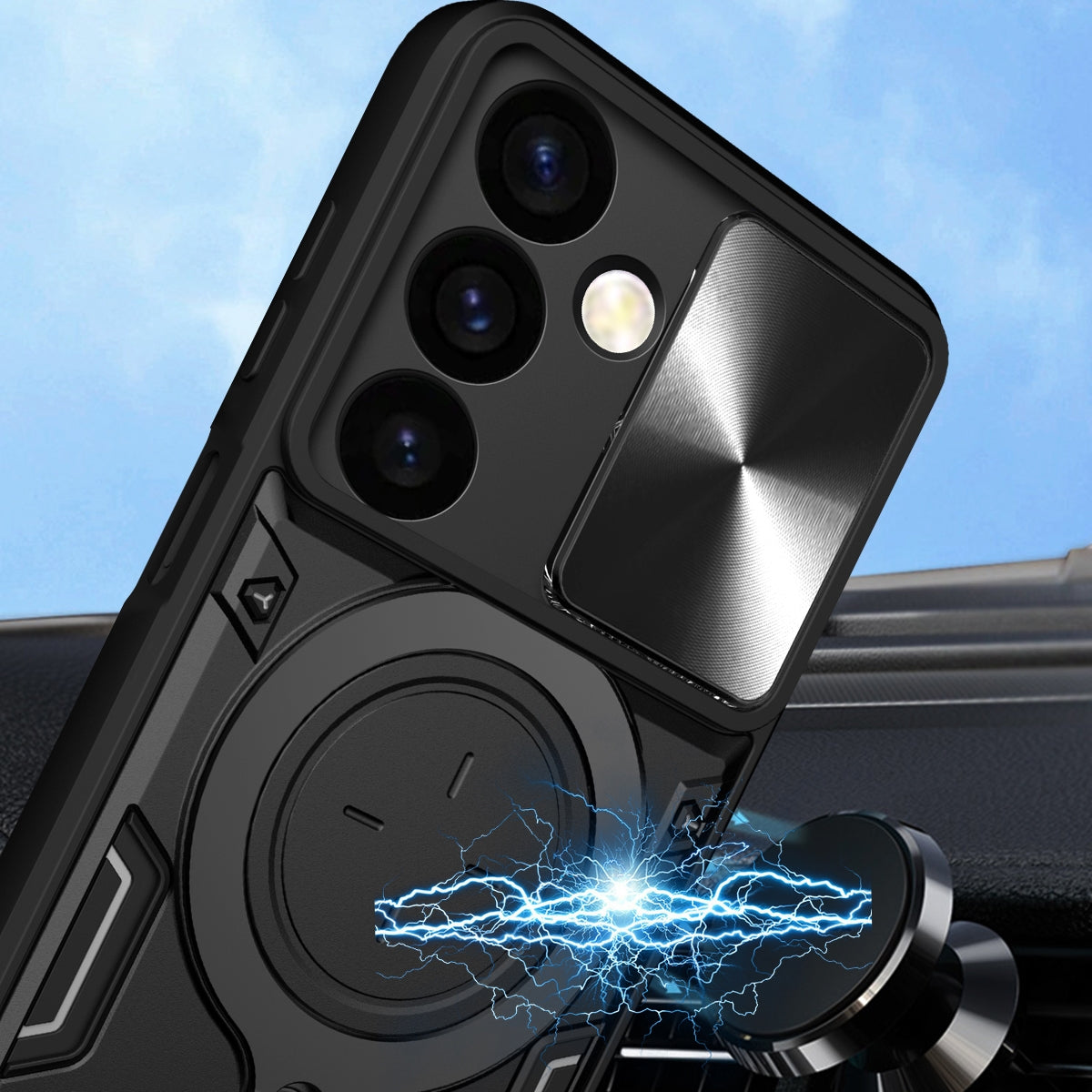 Samsung Galaxy S24+ 5G Magnetic Holder CD Texture Sliding Camshield Phone Case, TPU PC Shockproof Cover