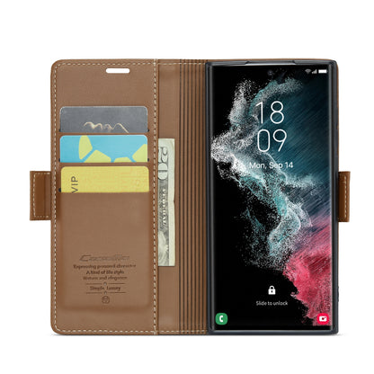 Samsung Galaxy S22 Ultra 5G Litchi Texture RFID Anti-theft Leather Phone Case with Butterfly Buckle, Stand & Card Wallet with TPU Shell