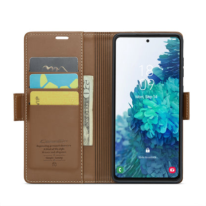 Samsung Galaxy S20 FE Litchi Texture RFID Anti-theft Leather Phone Case with Butterfly Buckle, Stand & Card Wallet with TPU Shell