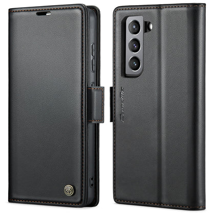 Samsung Galaxy S21 FE 5G Litchi Texture RFID Anti-theft Leather Phone Case with Butterfly Buckle, Stand & Card Wallet with TPU Shell