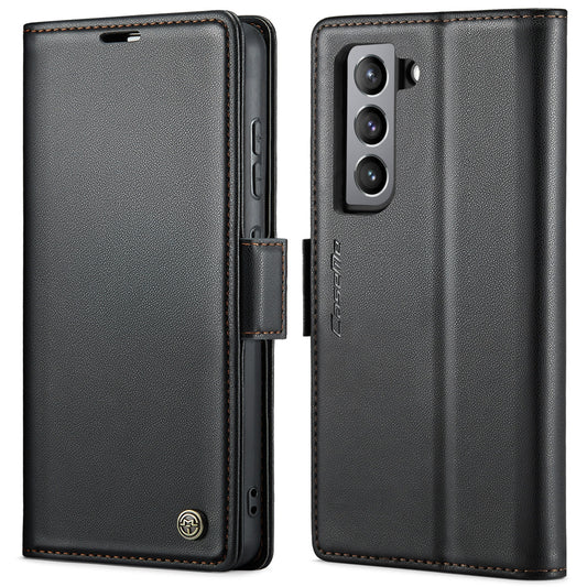 Samsung Galaxy S21 FE 5G Litchi Texture RFID Anti-theft Leather Phone Case with Butterfly Buckle, Stand & Card Wallet with TPU Shell