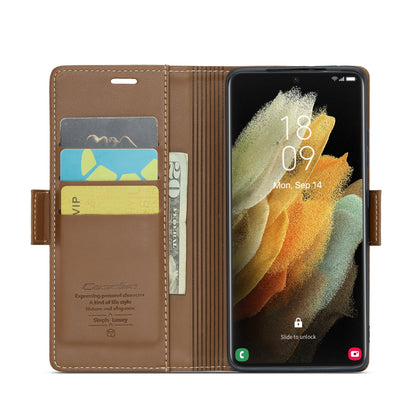 Samsung Galaxy S21 Ultra 5G Litchi Texture RFID Anti-theft Leather Phone Case with Butterfly Buckle, Stand & Card Wallet with TPU Shell