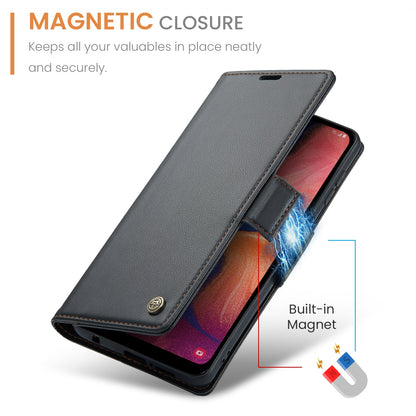 Samsung Galaxy A40 Litchi Texture RFID Anti-theft Leather Phone Case with Butterfly Buckle, Stand & Card Wallet with TPU Shell