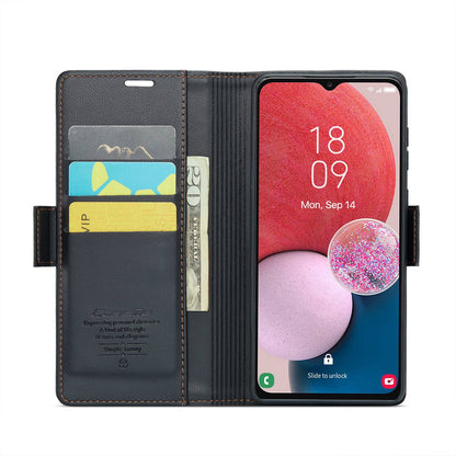 Samsung Galaxy M13 5G Litchi Texture RFID Anti-theft Leather Phone Case with Butterfly Buckle, Stand & Card Wallet with TPU Shell