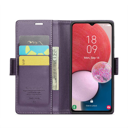Samsung Galaxy M13 5G Litchi Texture RFID Anti-theft Leather Phone Case with Butterfly Buckle, Stand & Card Wallet with TPU Shell