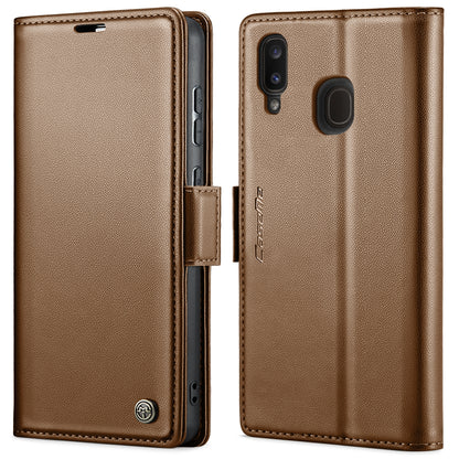 Samsung Galaxy A20 Litchi Texture RFID Anti-theft Leather Phone Case with Butterfly Buckle, Stand & Card Wallet with TPU Shell