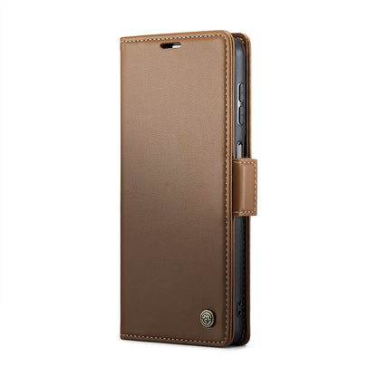 Samsung Galaxy A22 5G Litchi Texture RFID Anti-theft Leather Phone Case with Butterfly Buckle, Stand & Card Wallet with TPU Shell