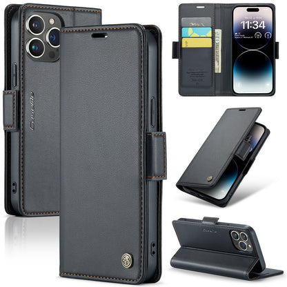 iPhone 14 Pro Litchi Texture RFID Anti-theft Leather Phone Case with Butterfly Buckle, Stand & Card Wallet with TPU Shell