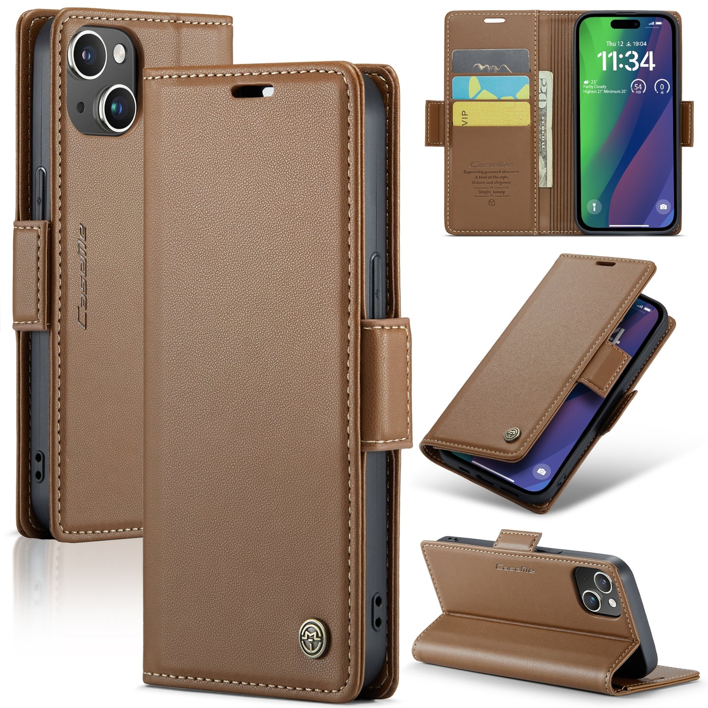 iPhone 15 Plus Litchi Texture RFID Anti-theft Leather Phone Case with Butterfly Buckle, Stand & Card Wallet with TPU Shell