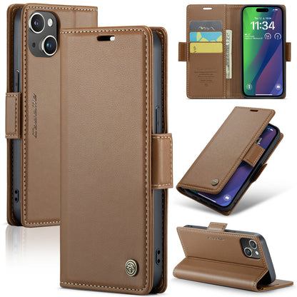 iPhone 15 Plus Litchi Texture RFID Anti-theft Leather Phone Case with Butterfly Buckle, Stand & Card Wallet with TPU Shell