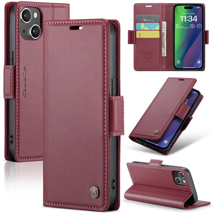 iPhone 15 Plus Litchi Texture RFID Anti-theft Leather Phone Case with Butterfly Buckle, Stand & Card Wallet with TPU Shell