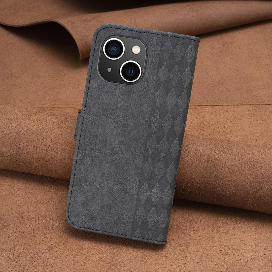iPhone 14 Plaid Embossed Leather Phone Case – Premium Wallet Kickstand & Shock Absorption for Durable Protection