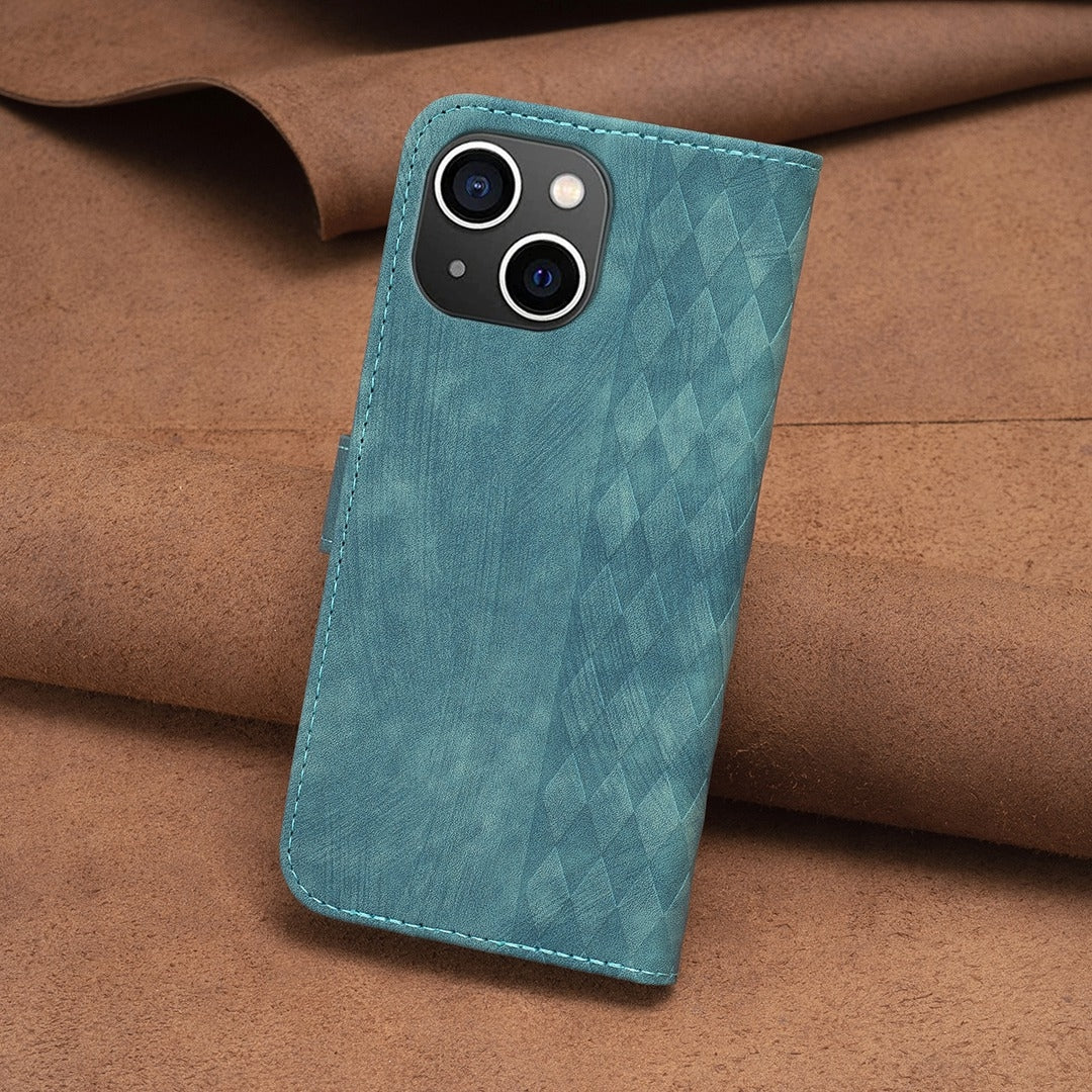 iPhone 14 Plus Plaid Embossed Leather Phone Case – Premium Wallet Kickstand & Shock Absorption for Durable Protection