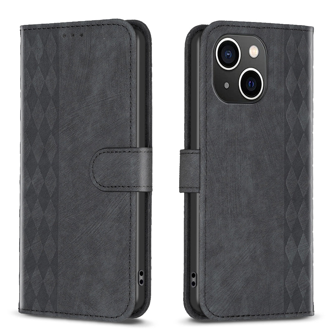 iPhone 14 Plus Plaid Embossed Leather Phone Case – Premium Wallet Kickstand & Shock Absorption for Durable Protection