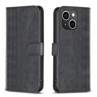 iPhone 14 Plus Plaid Embossed Leather Phone Case – Premium Wallet Kickstand & Shock Absorption for Durable Protection