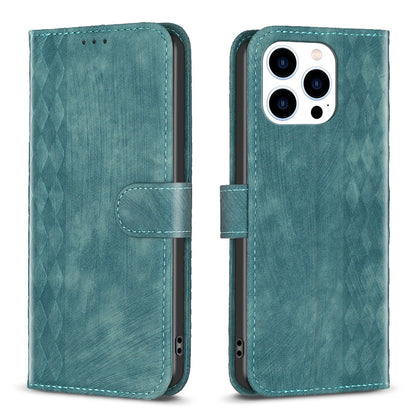 iPhone 14 Pro Plaid Embossed Leather Phone Case – Premium Wallet Kickstand & Shock Absorption for Durable Protection