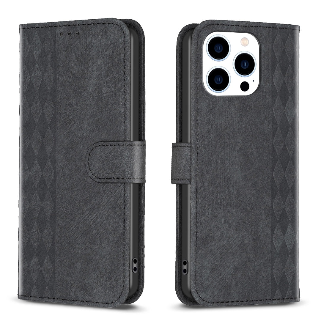 iPhone 14 Pro Plaid Embossed Leather Phone Case – Premium Wallet Kickstand & Shock Absorption for Durable Protection