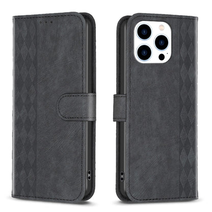 iPhone 14 Pro Plaid Embossed Leather Phone Case – Premium Wallet Kickstand & Shock Absorption for Durable Protection