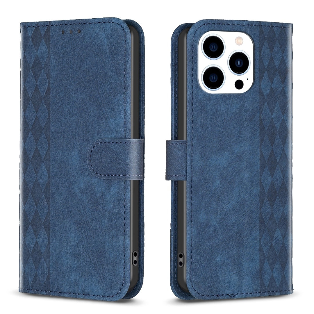 iPhone 14 Pro Max Plaid Embossed Leather Phone Case – Premium Wallet Kickstand & Shock Absorption for Durable Protection