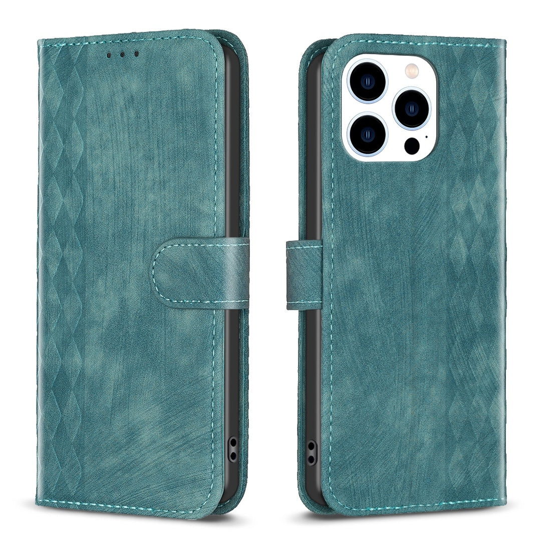 iPhone 14 Pro Max Plaid Embossed Leather Phone Case – Premium Wallet Kickstand & Shock Absorption for Durable Protection