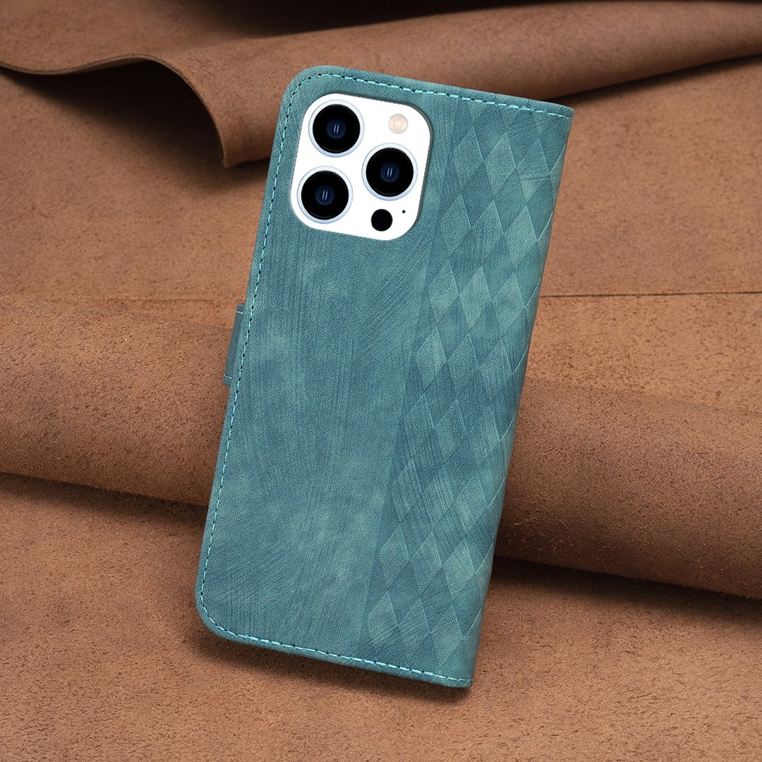 iPhone 13 Pro Plaid Embossed Leather Phone Case – Premium Wallet Kickstand & Shock Absorption for Durable Protection