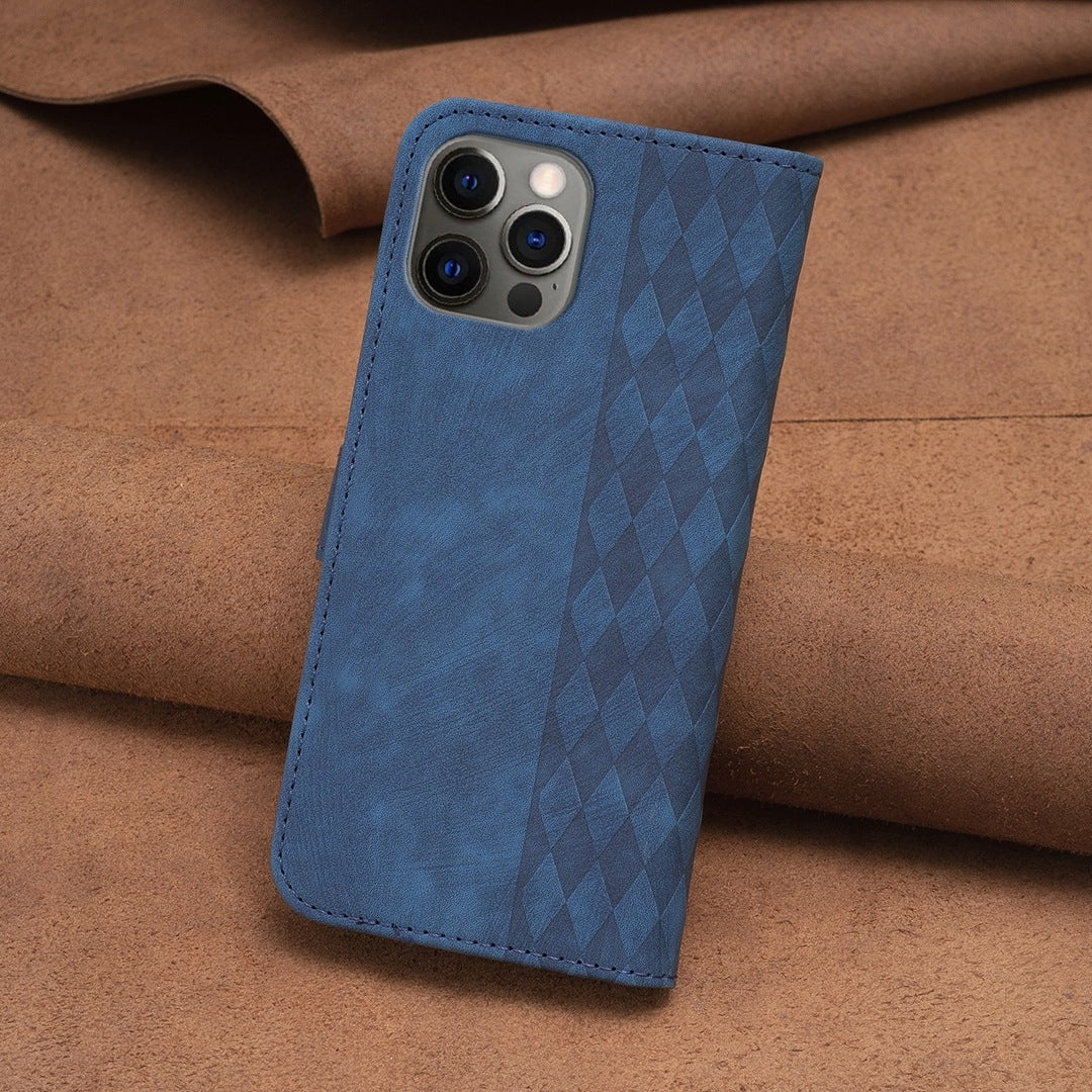 iPhone 12 Pro Plaid Embossed Leather Phone Case – Premium Wallet Kickstand & Shock Absorption for Durable Protection