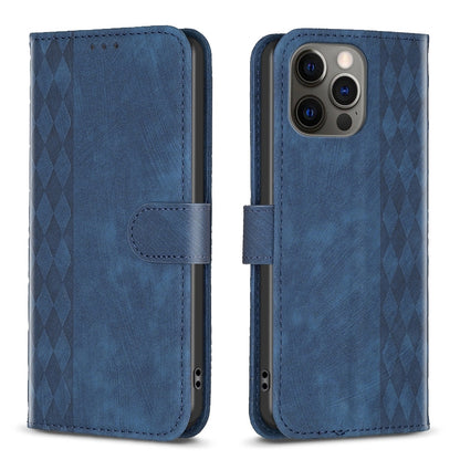 iPhone 12 Pro Plaid Embossed Leather Phone Case – Premium Wallet Kickstand & Shock Absorption for Durable Protection