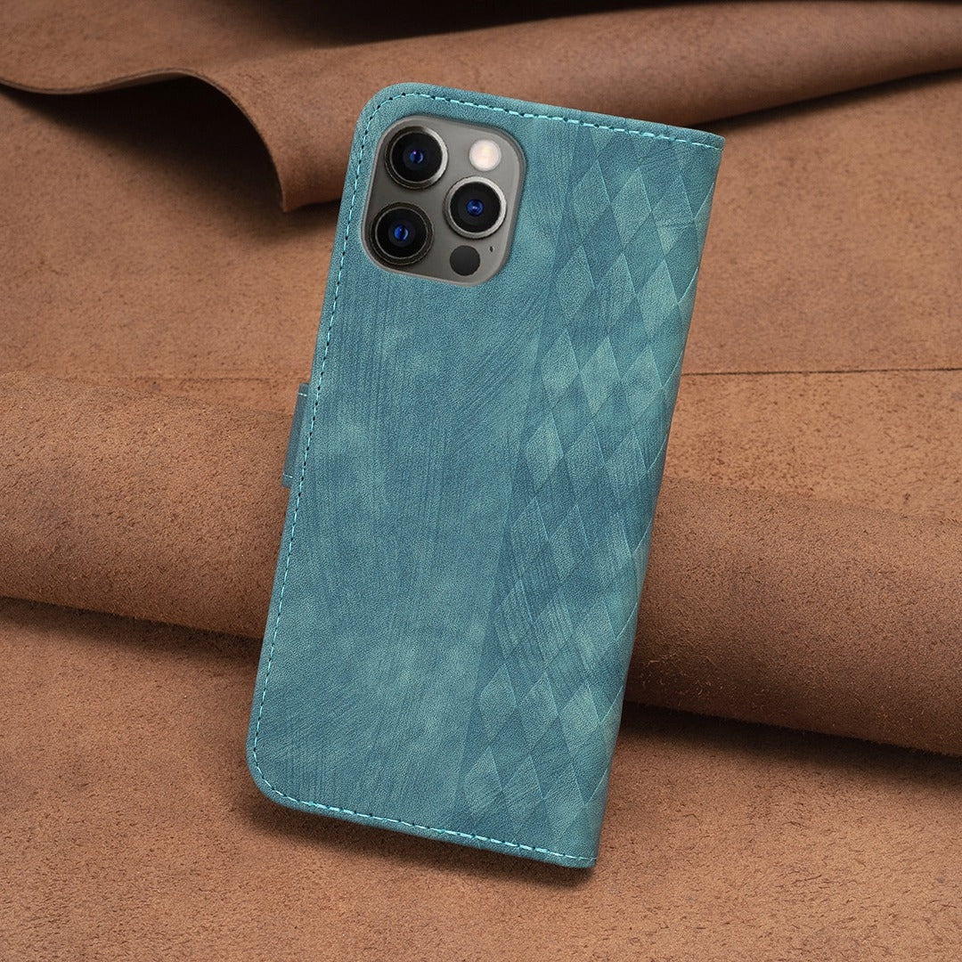 iPhone 12 Pro Plaid Embossed Leather Phone Case – Premium Wallet Kickstand & Shock Absorption for Durable Protection