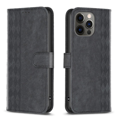 iPhone 12 Pro Plaid Embossed Leather Phone Case – Premium Wallet Kickstand & Shock Absorption for Durable Protection