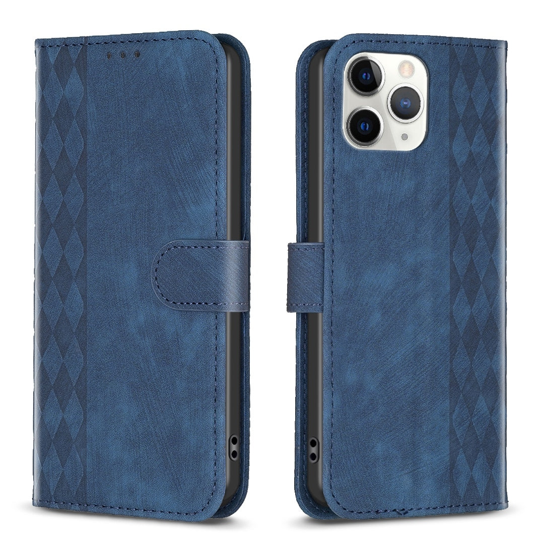 iPhone 11 Pro Plaid Embossed Leather Phone Case – Premium Wallet Kickstand & Shock Absorption for Durable Protection