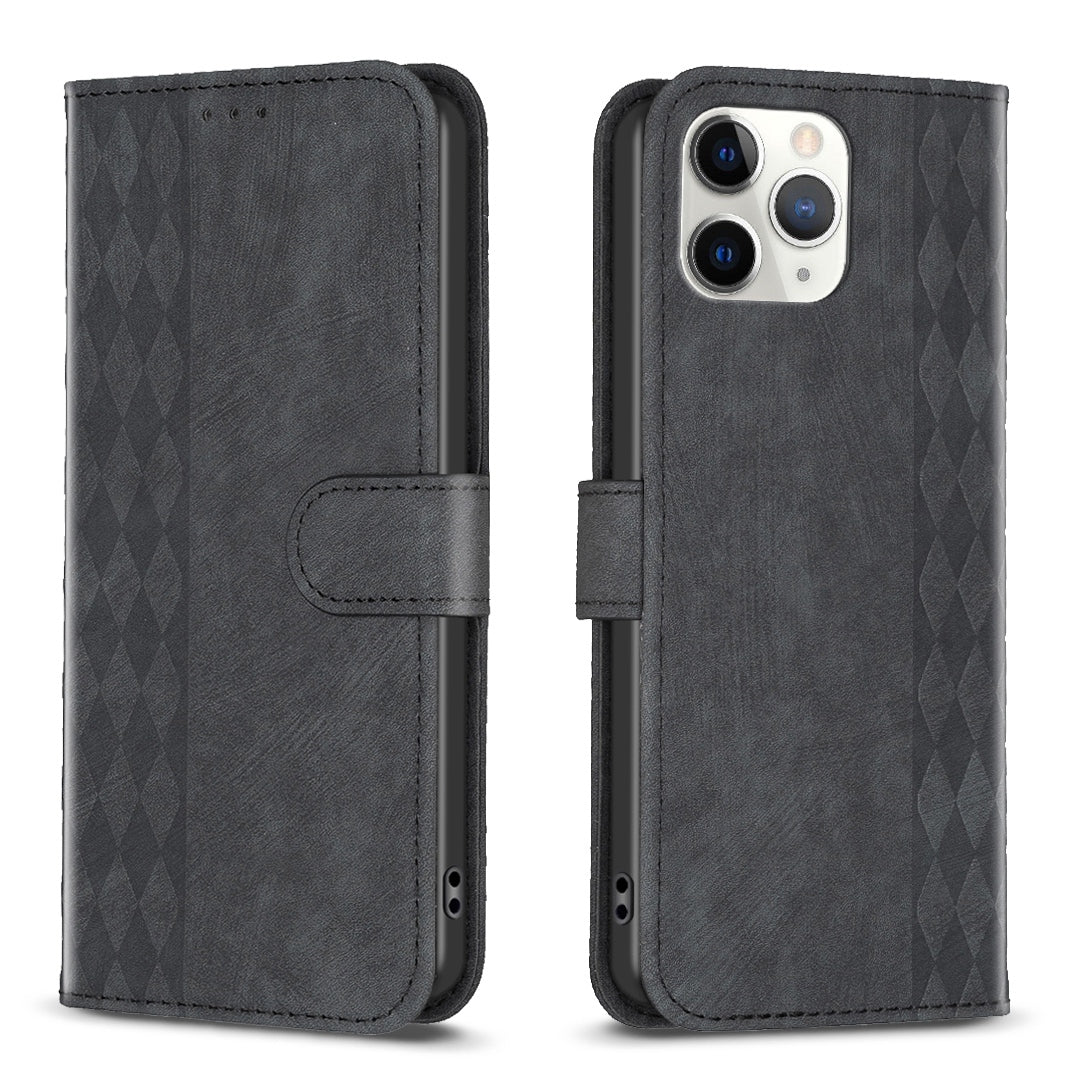 iPhone 11 Pro Max Plaid Embossed Leather Phone Case – Premium Wallet Kickstand & Shock Absorption for Durable Protection