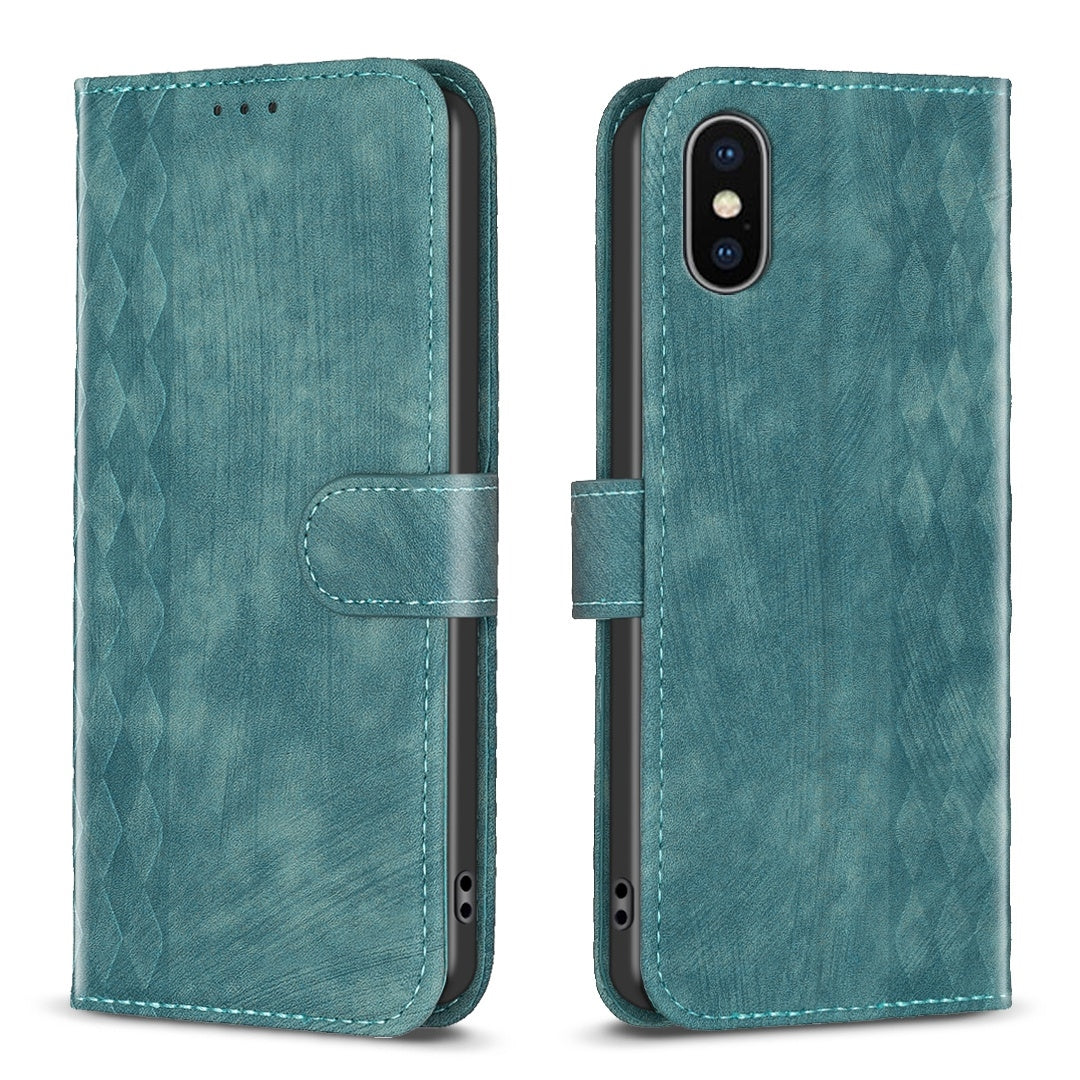 iPhone X Plaid Embossed Leather Phone Case – Premium Wallet Kickstand & Shock Absorption for Durable Protection