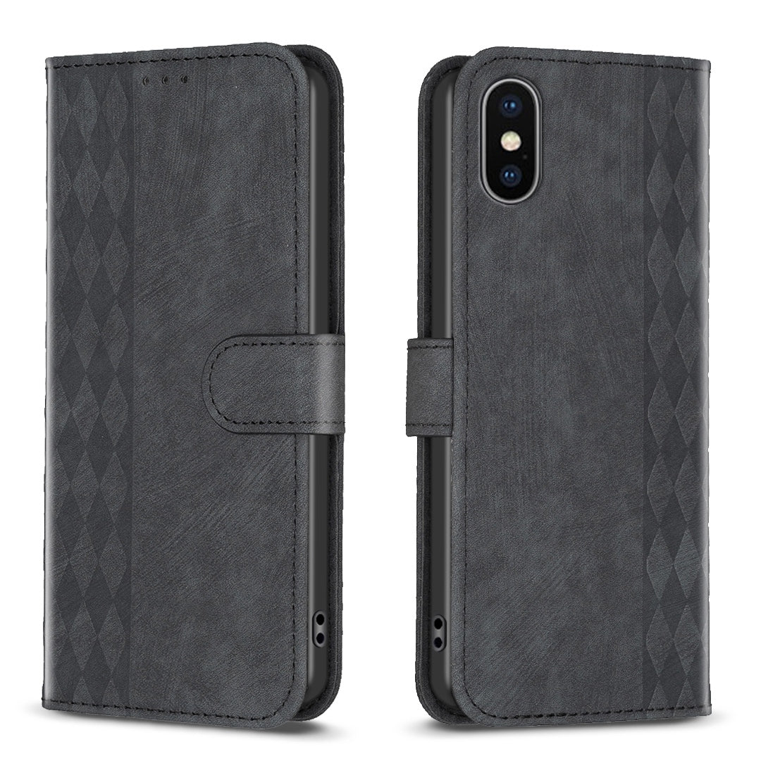 iPhone X Plaid Embossed Leather Phone Case – Premium Wallet Kickstand & Shock Absorption for Durable Protection