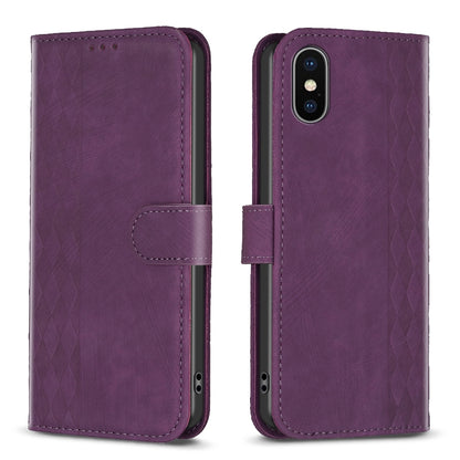 iPhone X Plaid Embossed Leather Phone Case – Premium Wallet Kickstand & Shock Absorption for Durable Protection