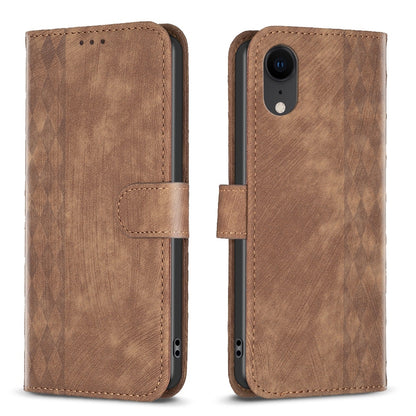 iPhone XR Plaid Embossed Leather Phone Case – Premium Wallet Kickstand & Shock Absorption for Durable Protection