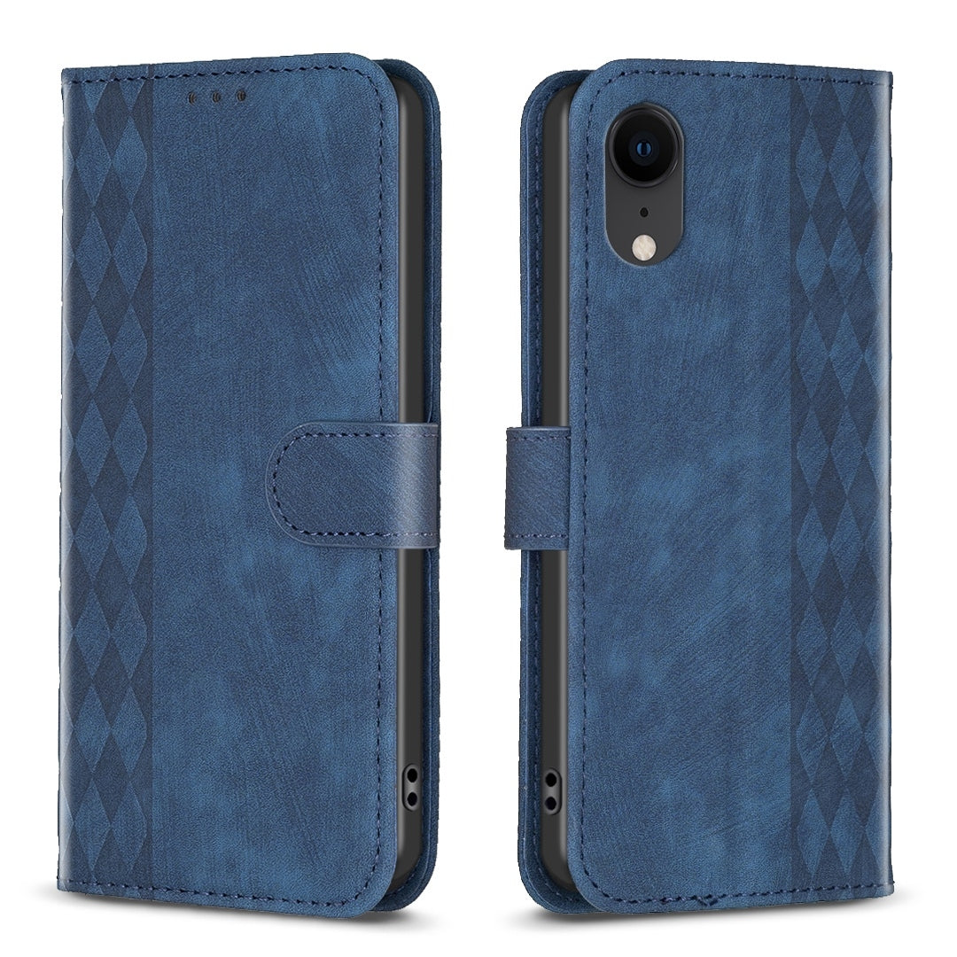 iPhone XR Plaid Embossed Leather Phone Case – Premium Wallet Kickstand & Shock Absorption for Durable Protection