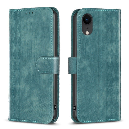 iPhone XR Plaid Embossed Leather Phone Case – Premium Wallet Kickstand & Shock Absorption for Durable Protection