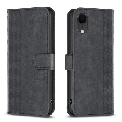iPhone XR Plaid Embossed Leather Phone Case – Premium Wallet Kickstand & Shock Absorption for Durable Protection