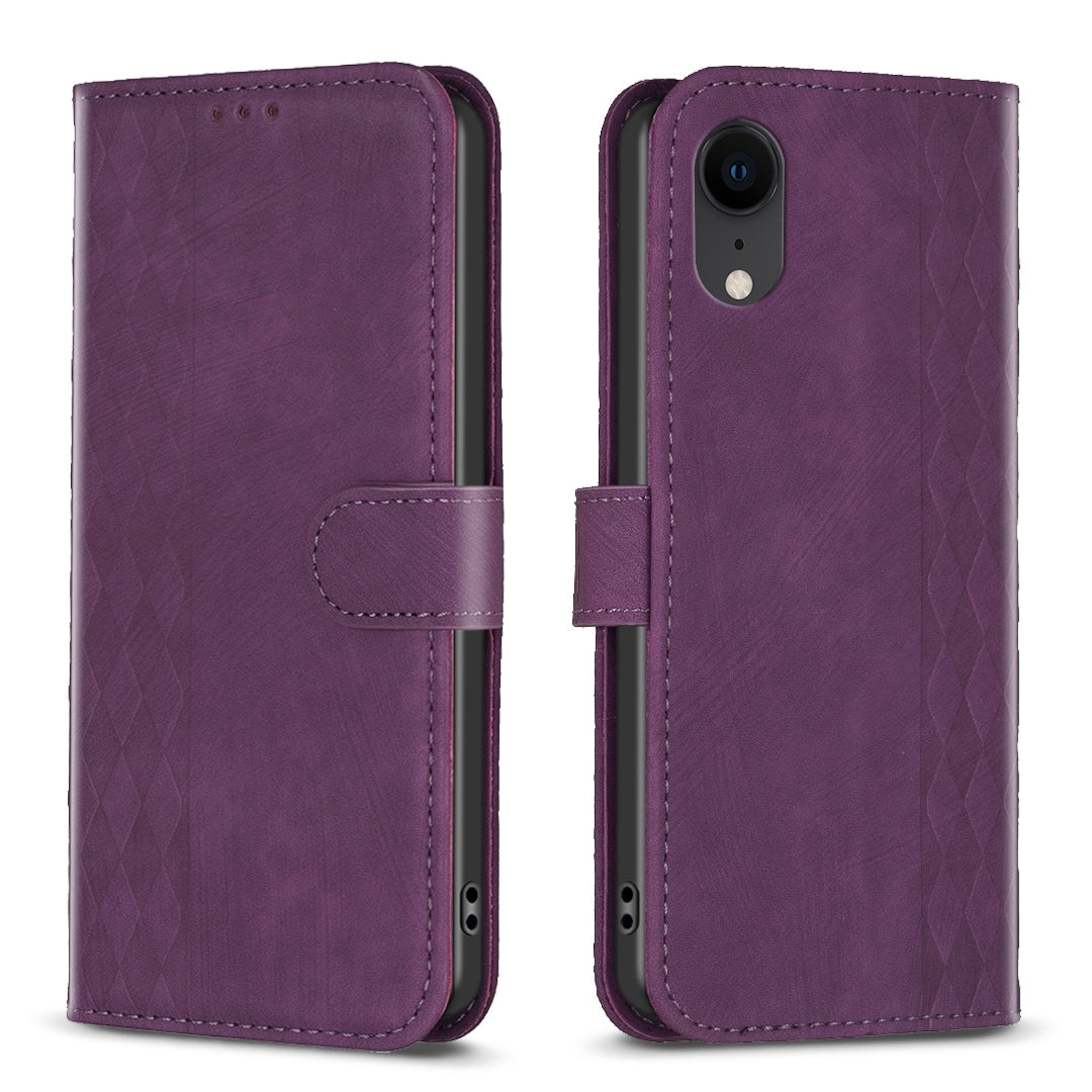 iPhone XR Plaid Embossed Leather Phone Case – Premium Wallet Kickstand & Shock Absorption for Durable Protection