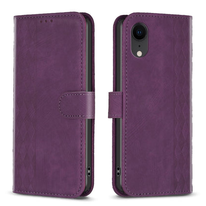 iPhone XR Plaid Embossed Leather Phone Case – Premium Wallet Kickstand & Shock Absorption for Durable Protection