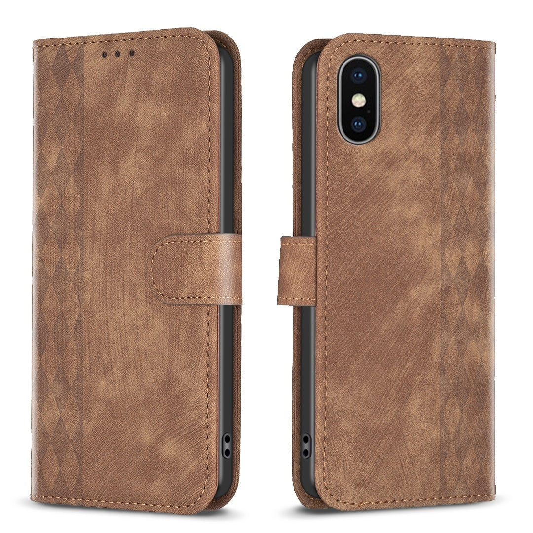 iPhone XS Max Plaid Embossed Leather Phone Case – Premium Wallet Kickstand & Shock Absorption for Durable Protection