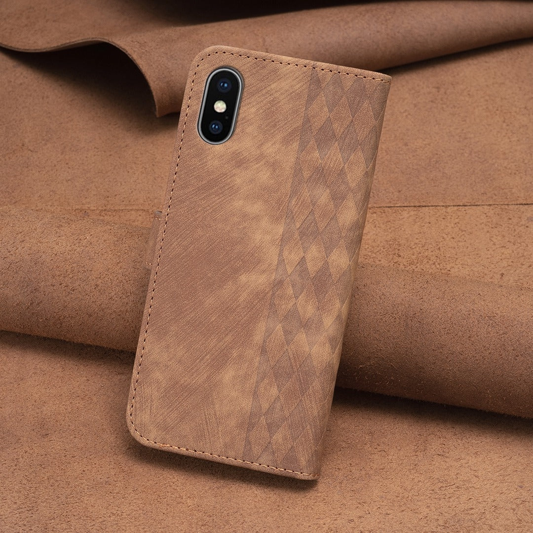 iPhone XS Max Plaid Embossed Leather Phone Case – Premium Wallet Kickstand & Shock Absorption for Durable Protection