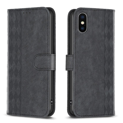 iPhone XS Max Plaid Embossed Leather Phone Case – Premium Wallet Kickstand & Shock Absorption for Durable Protection