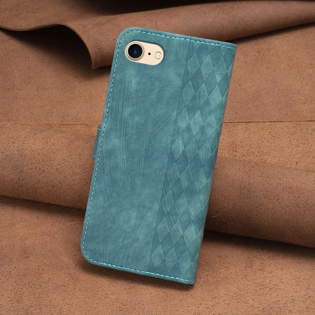 iPhone SE 2022 Plaid Embossed Leather Phone Case – Premium Wallet Kickstand & Shock Absorption for Durable Protection