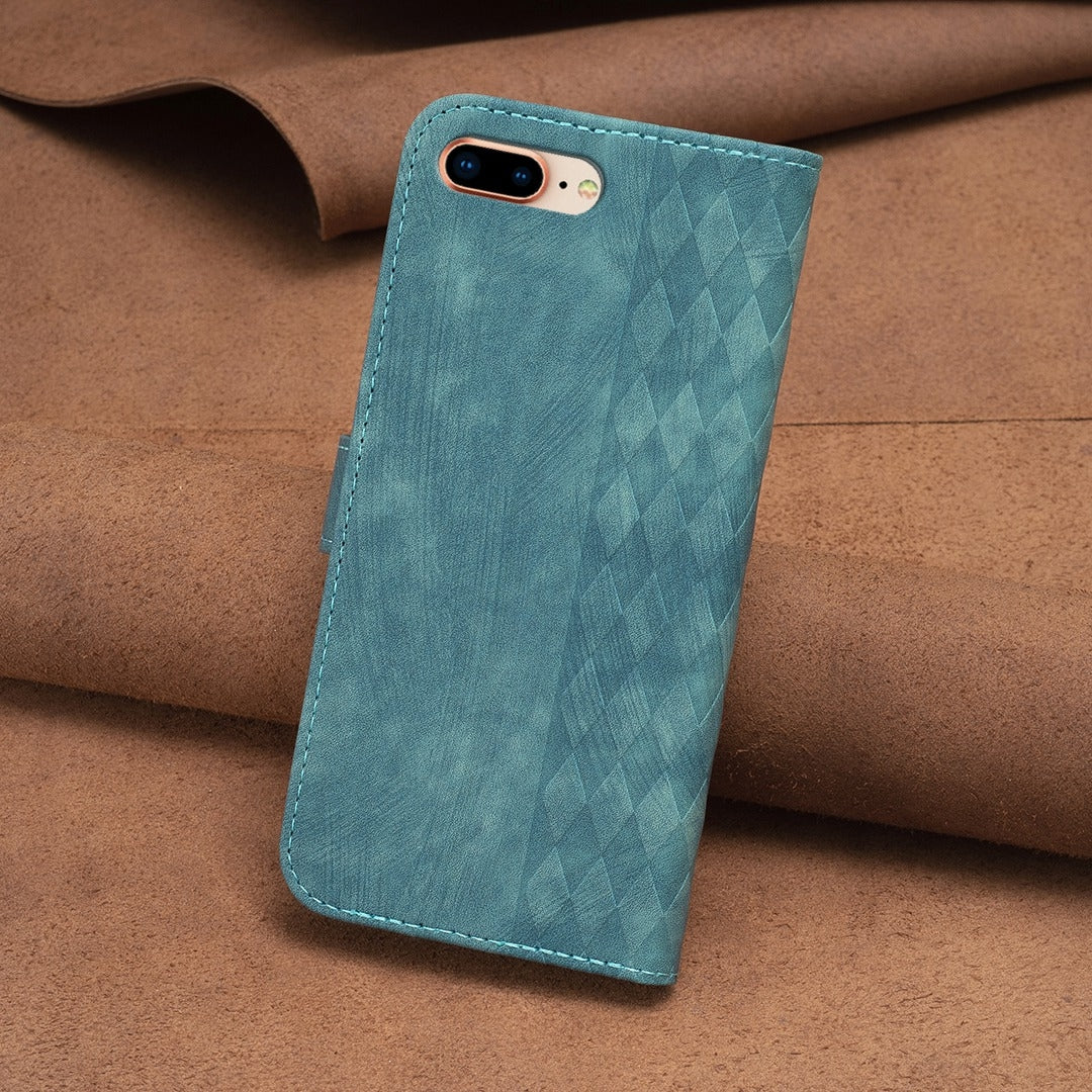 iPhone 8 Plus Plaid Embossed Leather Phone Case – Premium Wallet Kickstand & Shock Absorption for Durable Protection
