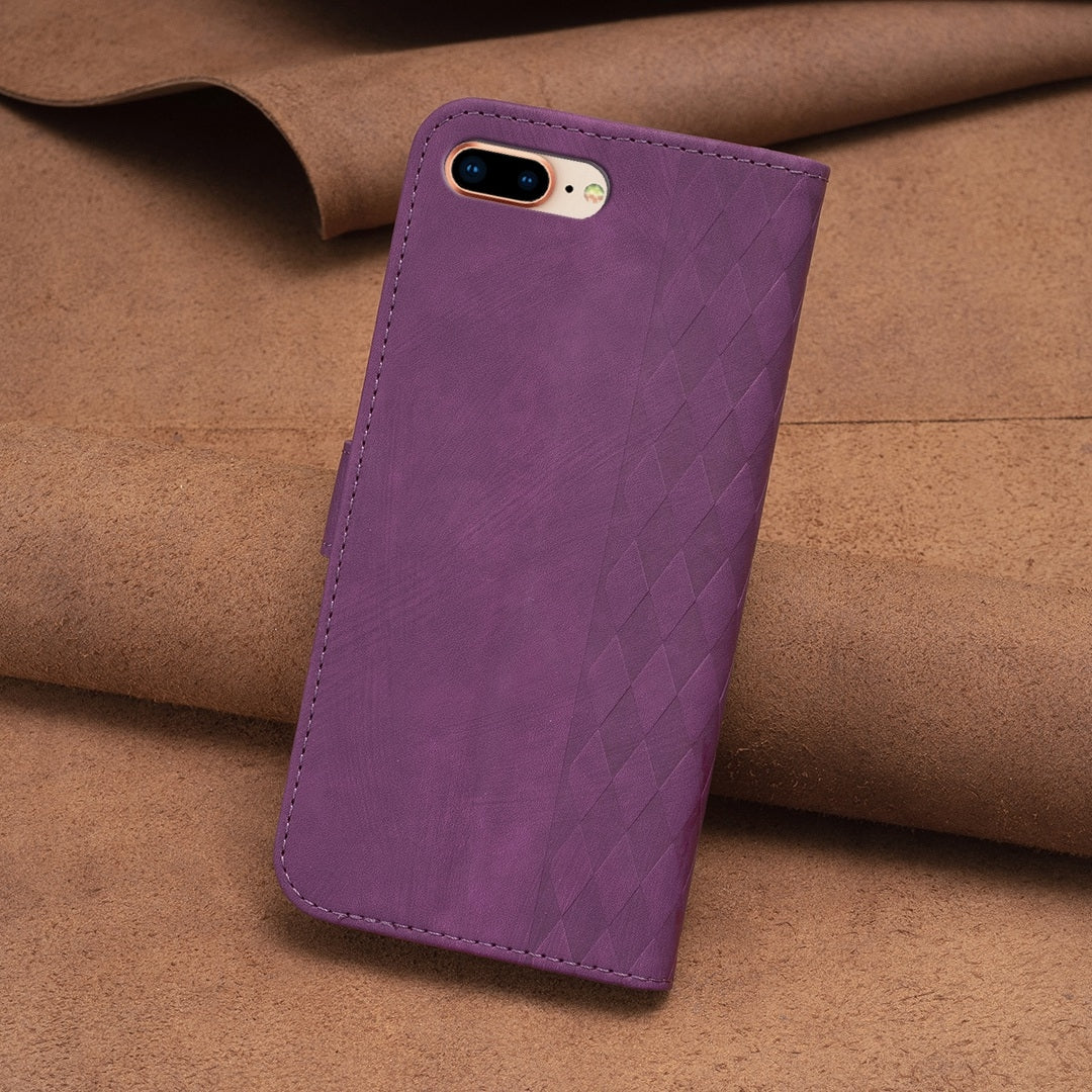 iPhone 8 Plus Plaid Embossed Leather Phone Case – Premium Wallet Kickstand & Shock Absorption for Durable Protection